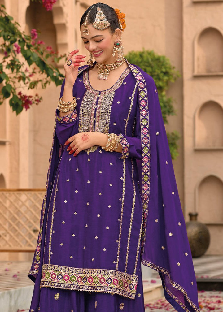 Violet Purple Chinon Silk Palazzo Suit with Intricate Embroidery - Eid Edition - House of Sarvati LLC