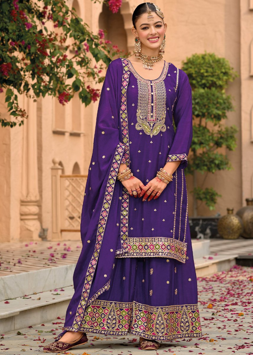 Violet Purple Chinon Silk Palazzo Suit with Intricate Embroidery - Eid Edition - House of Sarvati LLC
