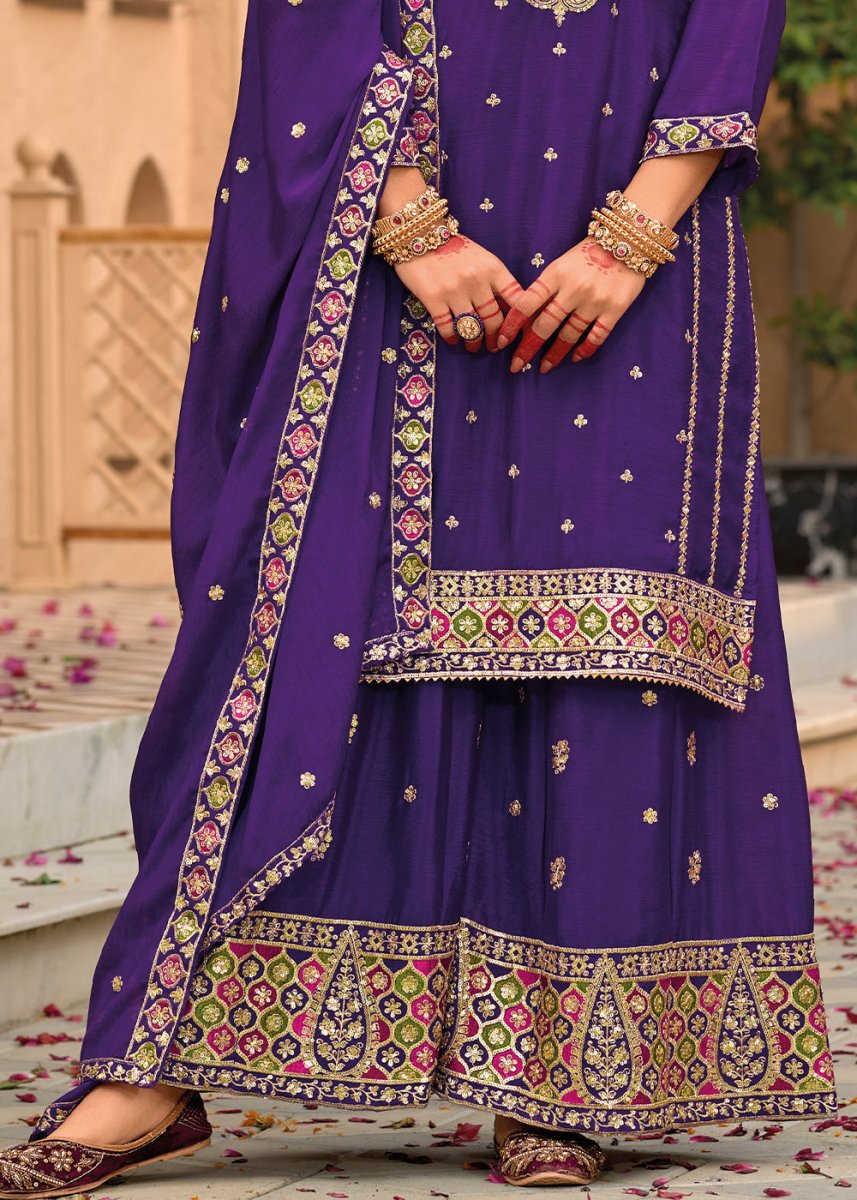 Violet Purple Chinon Silk Palazzo Suit with Intricate Embroidery - Eid Edition - House of Sarvati LLC