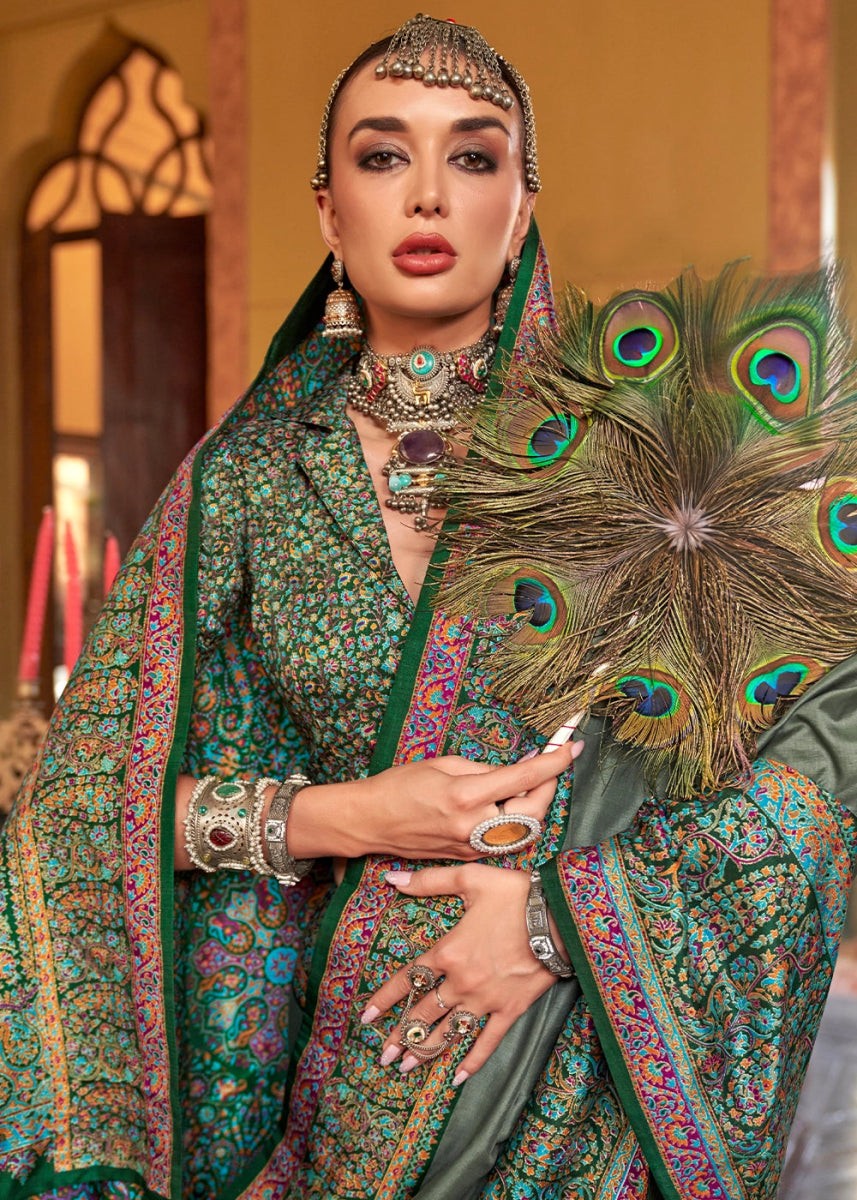 Viridian Green Silk Saree Featuring Exquisite Kashmiri Paisley Artwork - House of Sarvati LLC