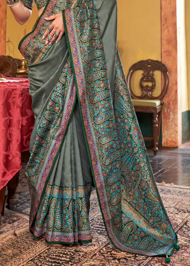 Viridian Green Silk Saree Featuring Exquisite Kashmiri Paisley Artwork - House of Sarvati LLC
