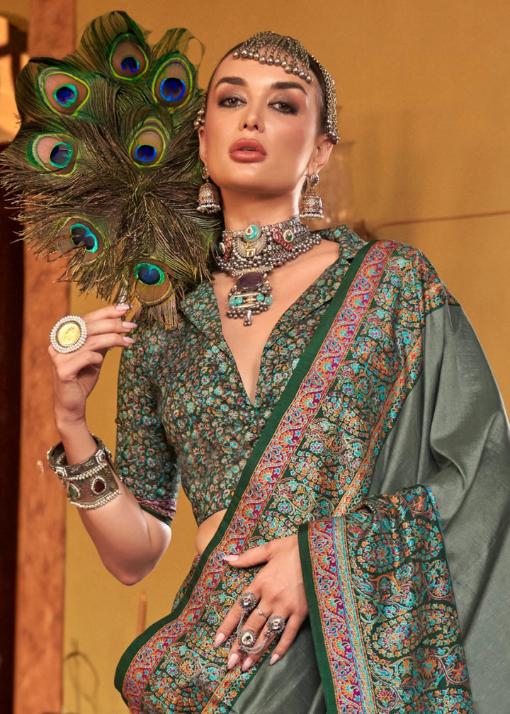 Viridian Green Silk Saree Featuring Exquisite Kashmiri Paisley Artwork - House of Sarvati LLC