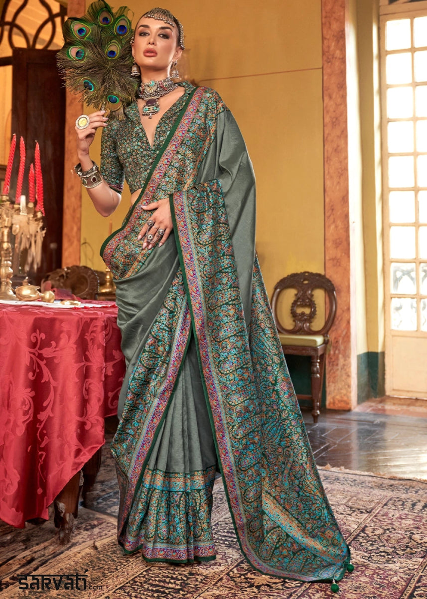 Viridian Green Silk Saree Featuring Exquisite Kashmiri Paisley Artwork - House of Sarvati LLC