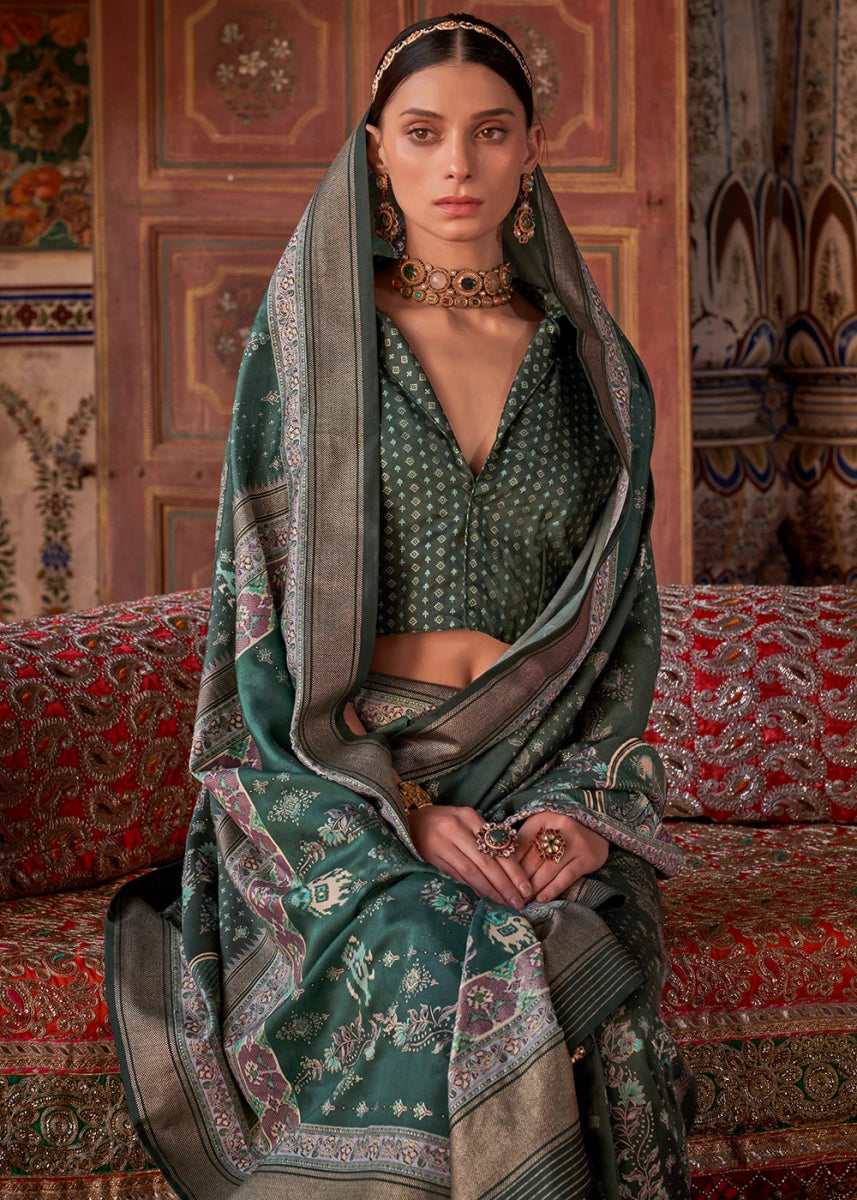 Viridian Green Silk Saree with Printed Patterns - House of Sarvati LLC