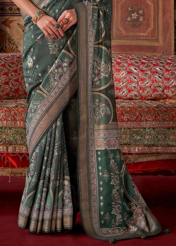 Viridian Green Silk Saree with Printed Patterns - House of Sarvati LLC