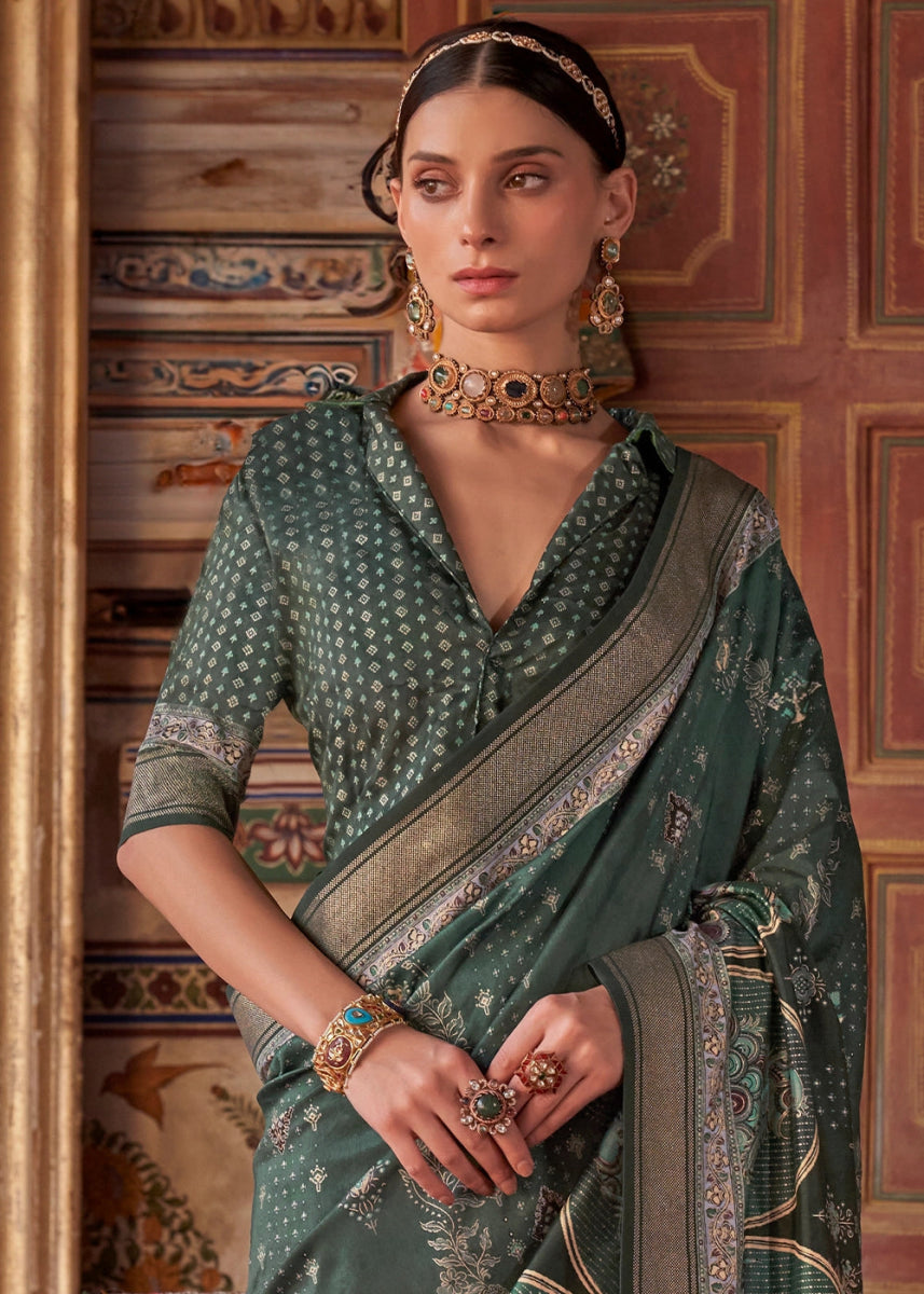 Viridian Green Silk Saree with Printed Patterns - House of Sarvati LLC