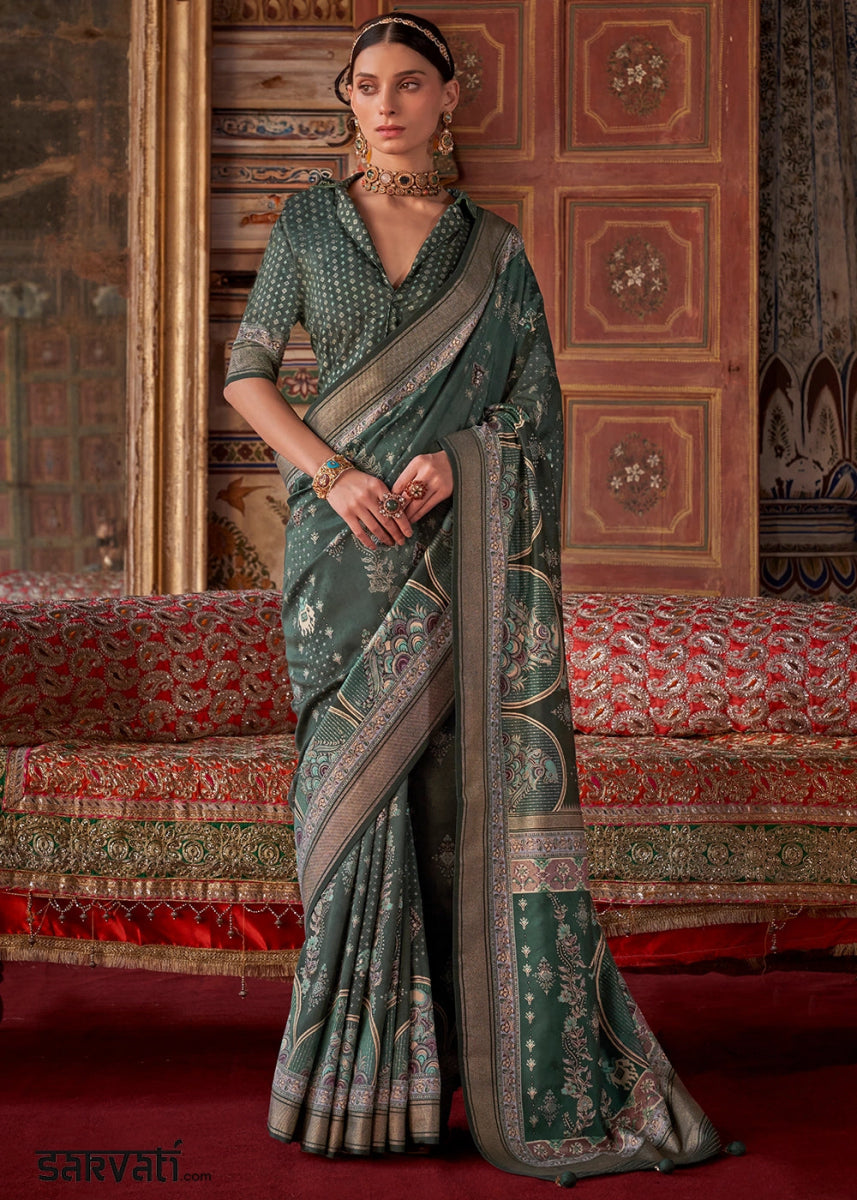 Viridian Green Silk Saree with Printed Patterns - House of Sarvati LLC