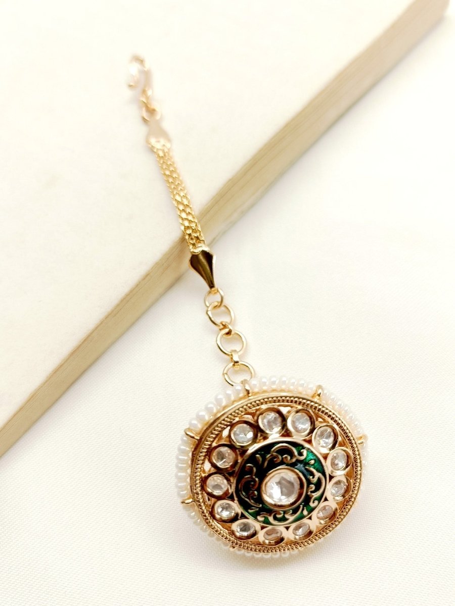 Vishwa Green Gold Plated Kundan Borla - House of Sarvati LLC