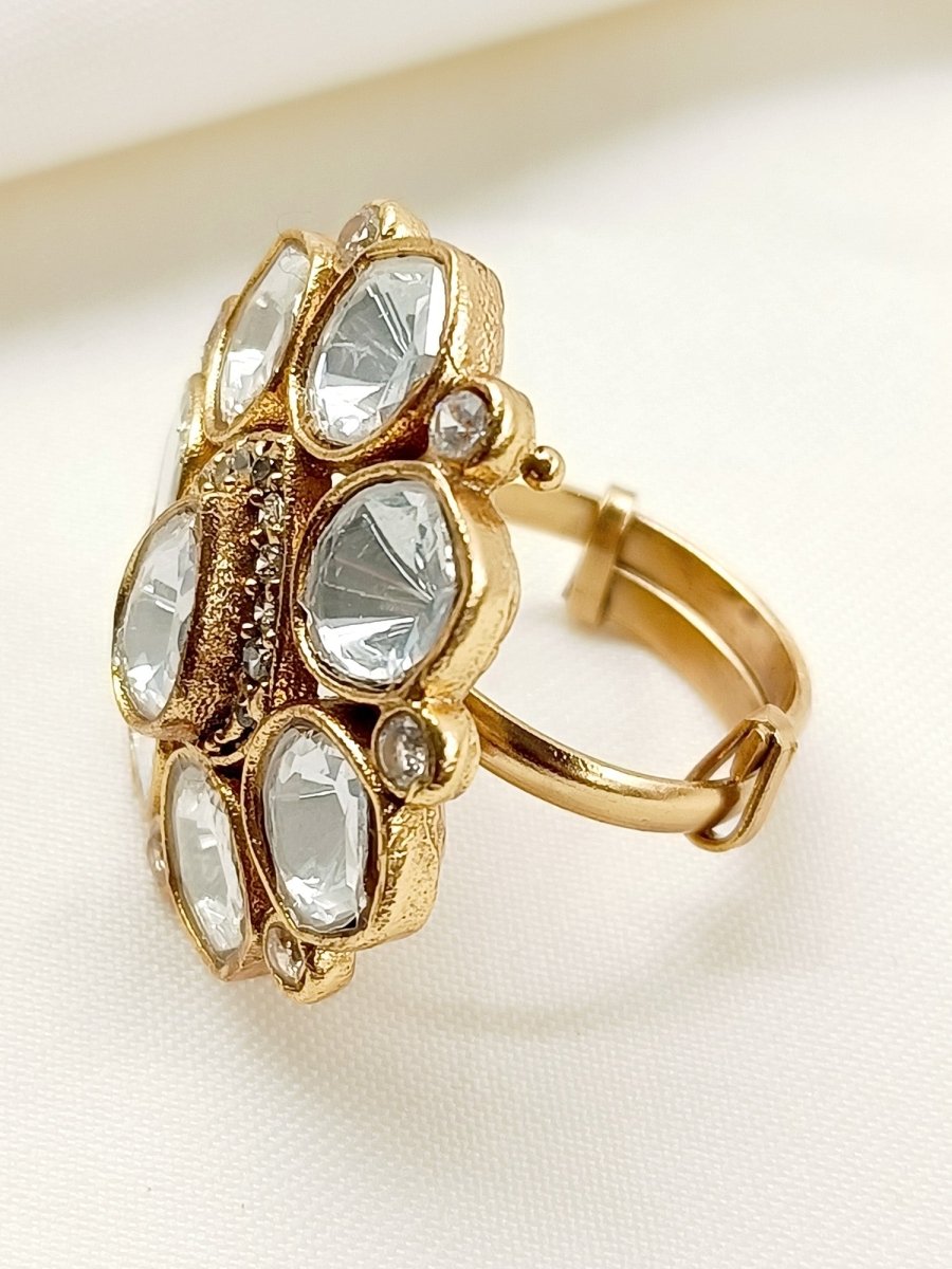 Vrishti White Kundan Finger Ring - House of Sarvati LLC