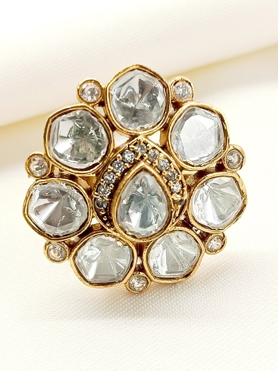 Vrishti White Kundan Finger Ring - House of Sarvati LLC