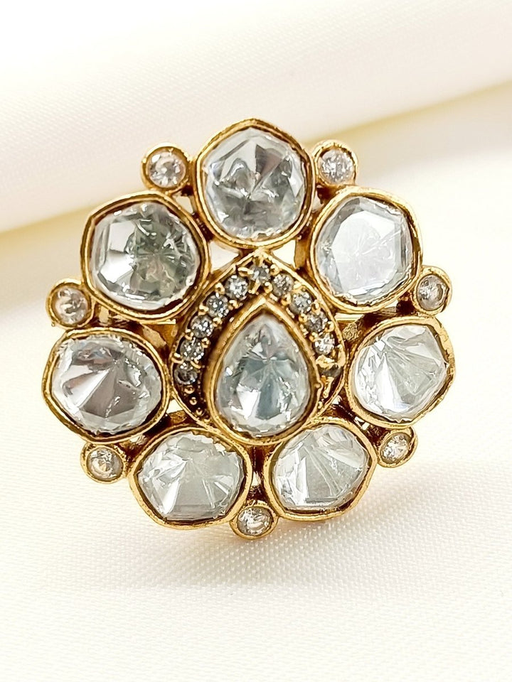 Vrishti White Kundan Finger Ring - House of Sarvati LLC