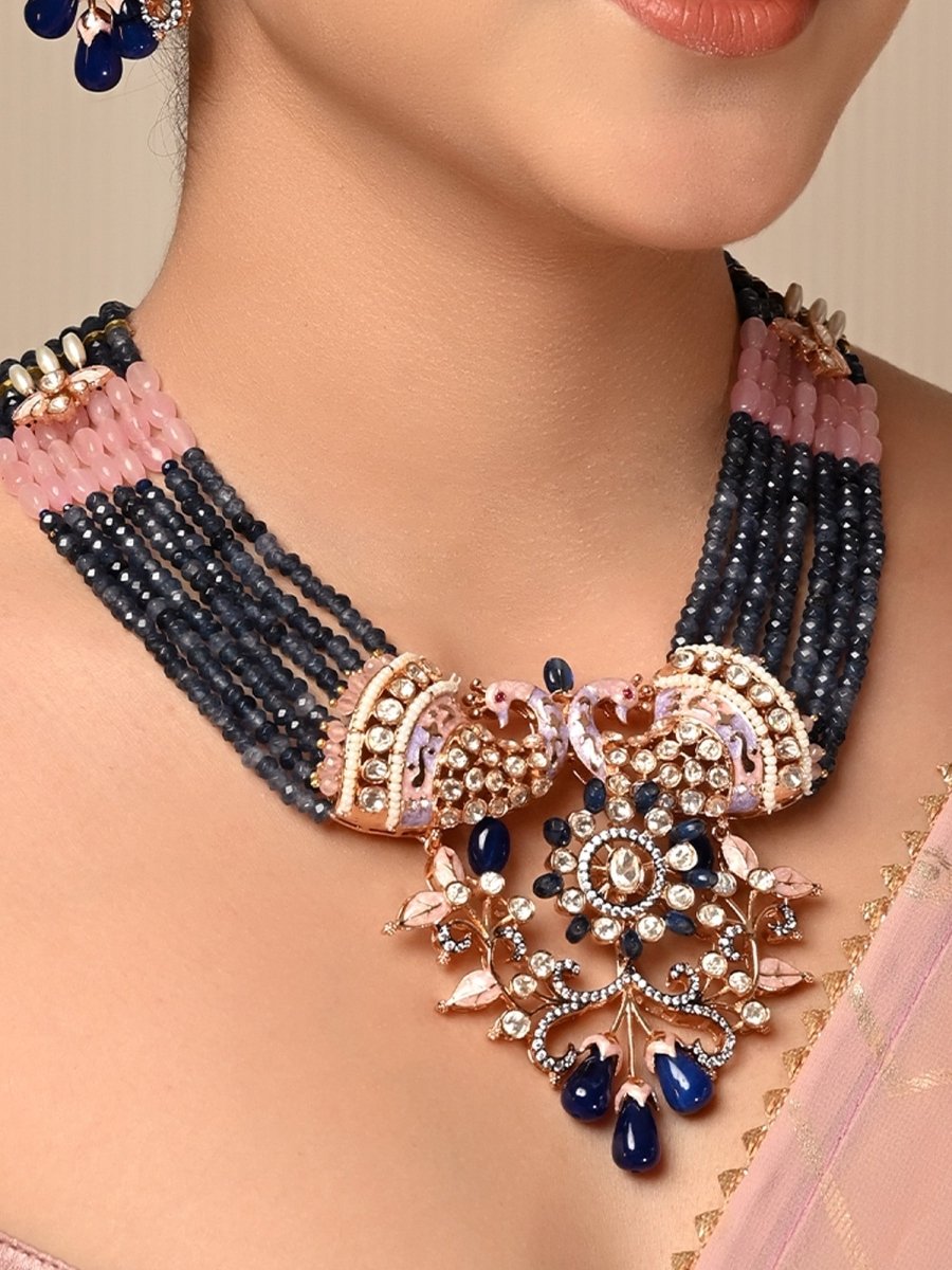 Vritee B & P Peacock Kundan Necklace Set - House of Sarvati LLC