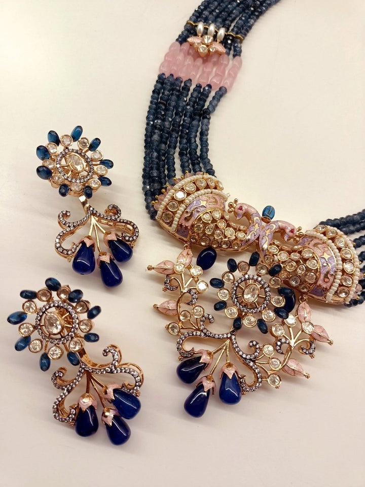 Vritee B & P Peacock Kundan Necklace Set - House of Sarvati LLC