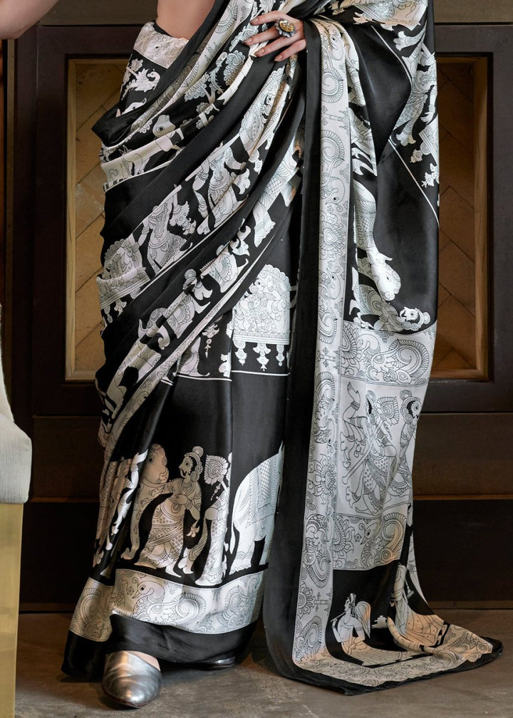 White & Black Satin Crepe Saree with Traditional Patola Print - House of Sarvati LLC