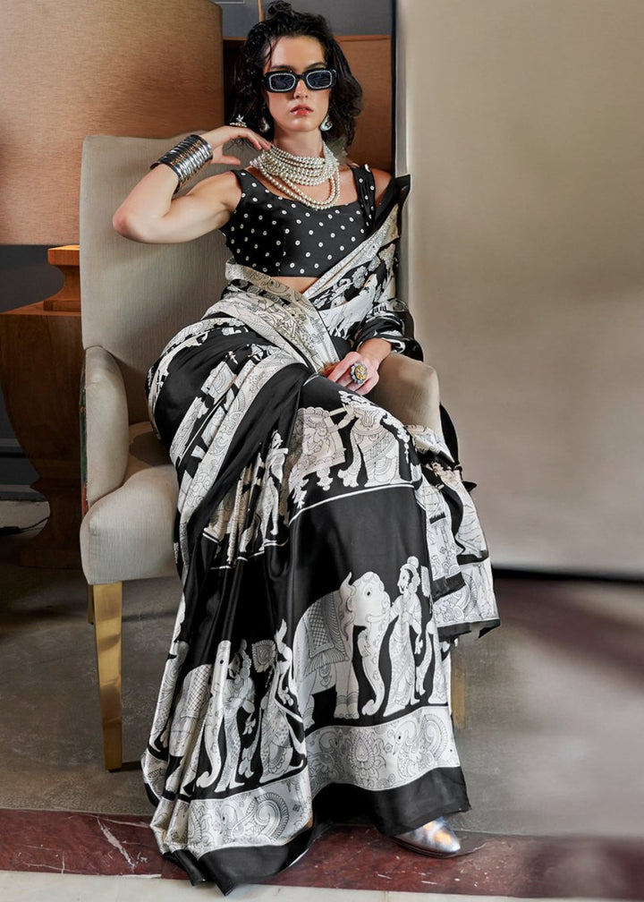 White & Black Satin Crepe Saree with Traditional Patola Print - House of Sarvati LLC
