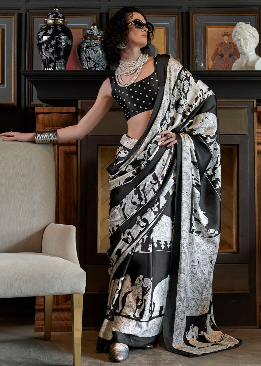 White & Black Satin Crepe Saree with Traditional Patola Print - House of Sarvati LLC