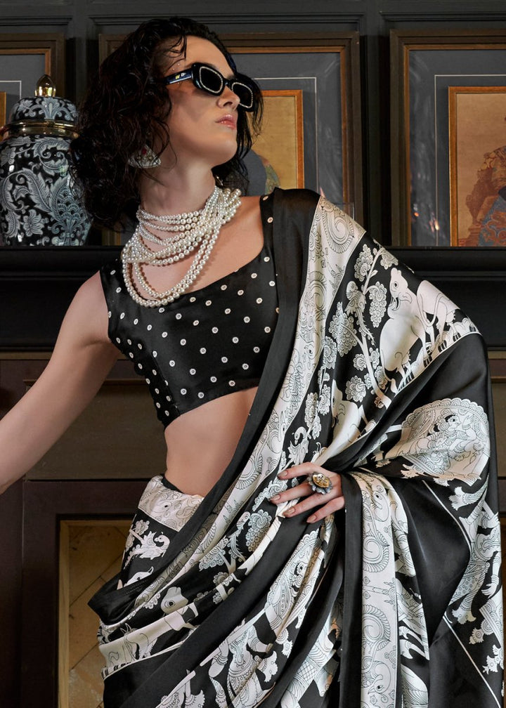 White & Black Satin Crepe Saree with Traditional Patola Print - House of Sarvati LLC