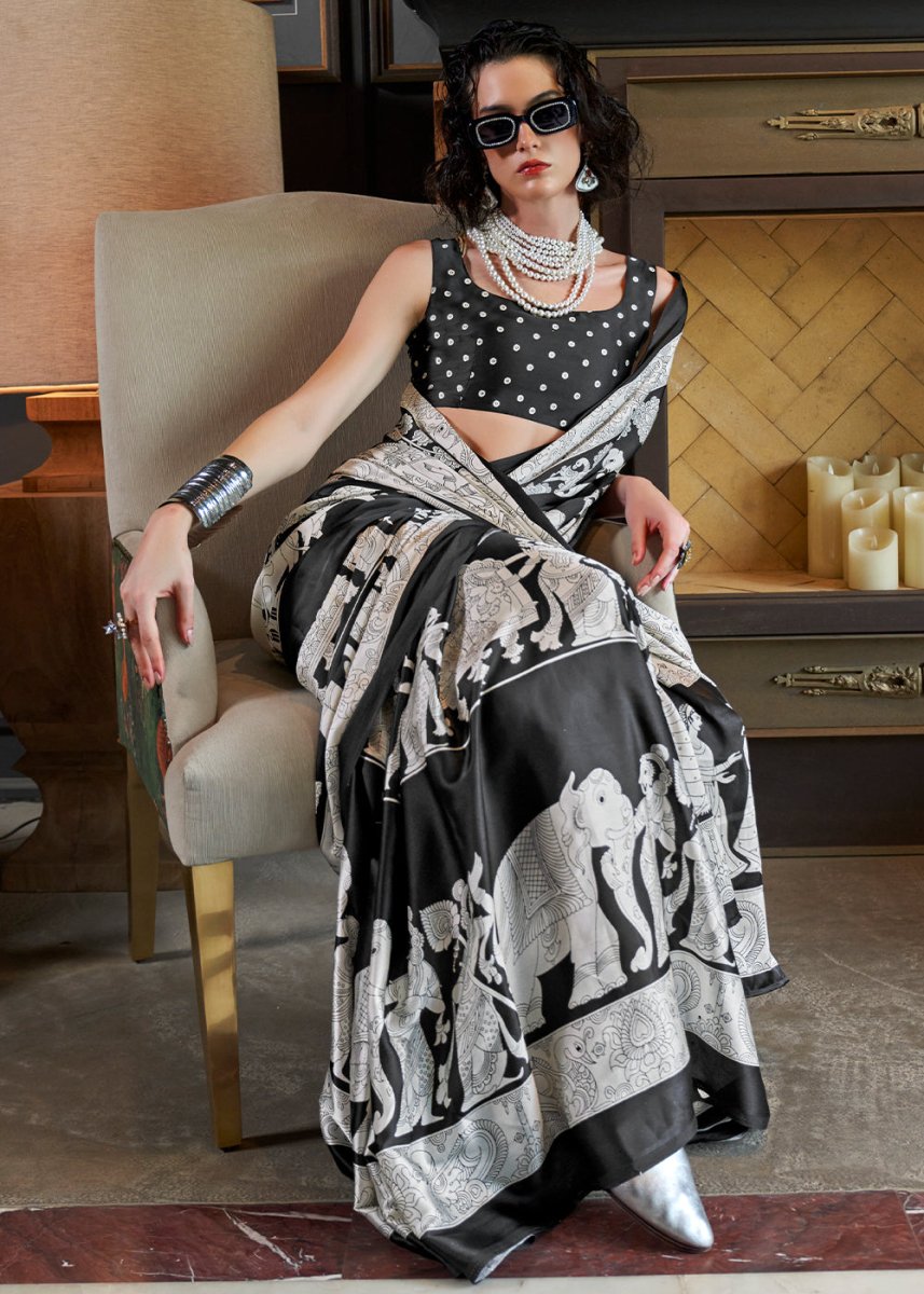 White & Black Satin Crepe Saree with Traditional Patola Print - House of Sarvati LLC