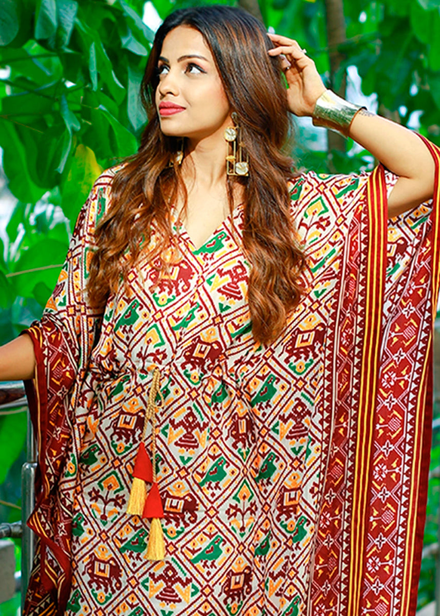 White & Brown Gaji Silk Kaftan with Gota Patti Lace and All - Over Patola Digital Print - House of Sarvati LLC
