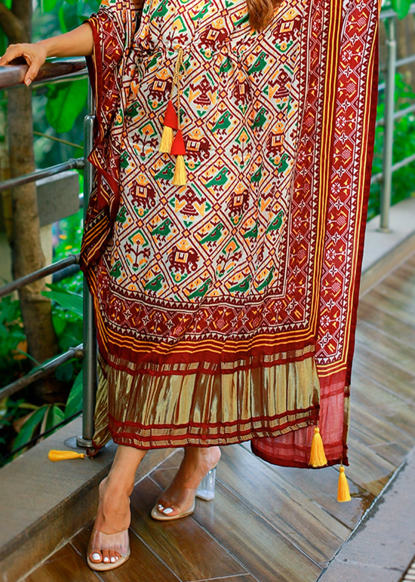 White & Brown Gaji Silk Kaftan with Gota Patti Lace and All - Over Patola Digital Print - House of Sarvati LLC