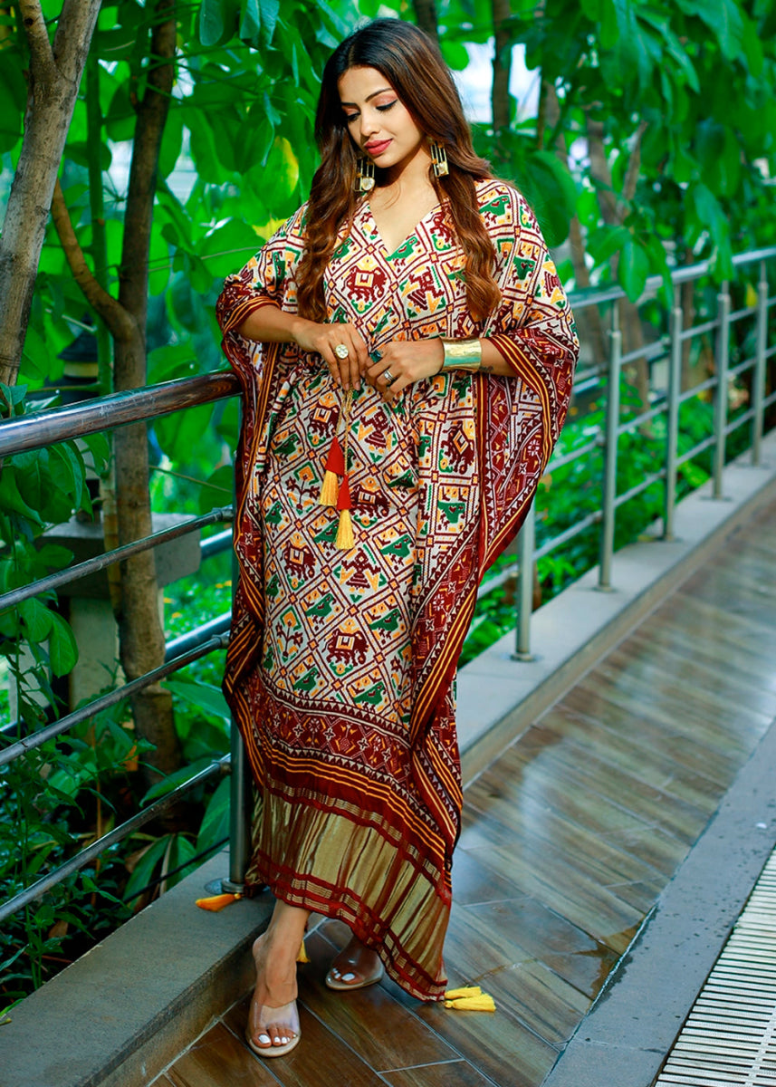 White & Brown Gaji Silk Kaftan with Gota Patti Lace and All - Over Patola Digital Print - House of Sarvati LLC