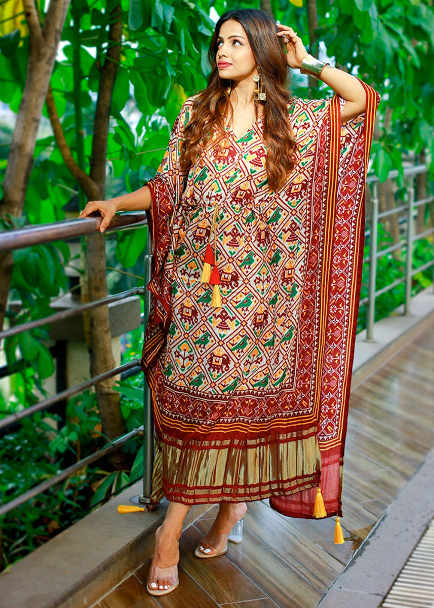 White & Brown Gaji Silk Kaftan with Gota Patti Lace and All - Over Patola Digital Print - House of Sarvati LLC