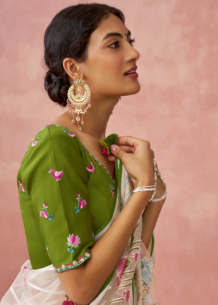 White & Green Brasso Organza Saree with Designer Embroidered Blouse - House of Sarvati LLC