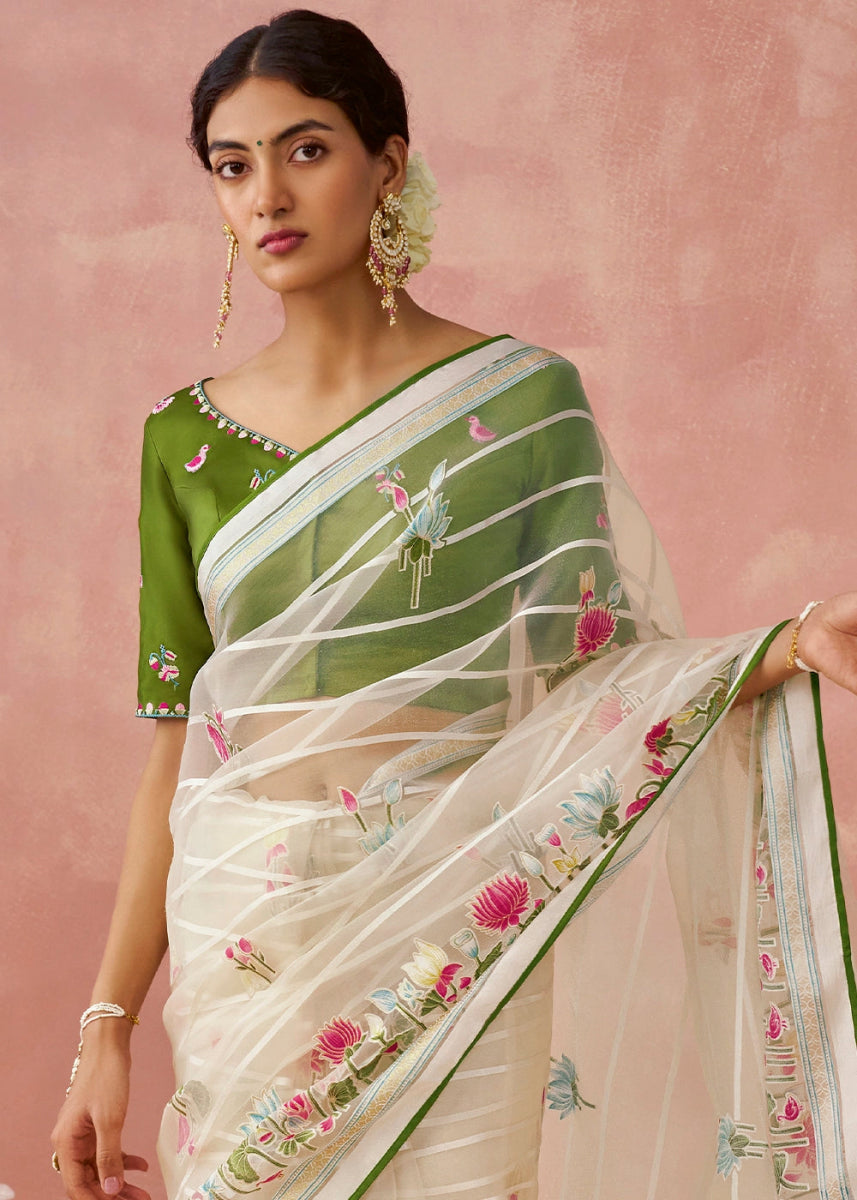 White & Green Brasso Organza Saree with Designer Embroidered Blouse - House of Sarvati LLC