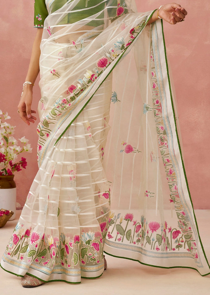 White & Green Brasso Organza Saree with Designer Embroidered Blouse - House of Sarvati LLC