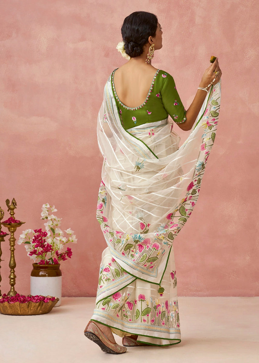 White & Green Brasso Organza Saree with Designer Embroidered Blouse - House of Sarvati LLC