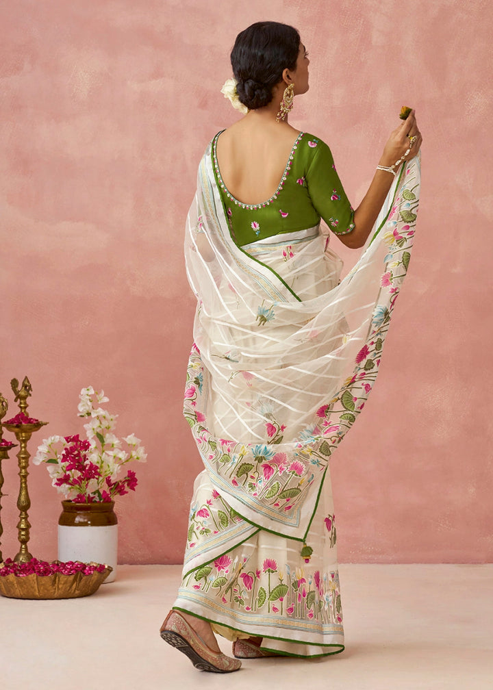 White & Green Brasso Organza Saree with Designer Embroidered Blouse - House of Sarvati LLC