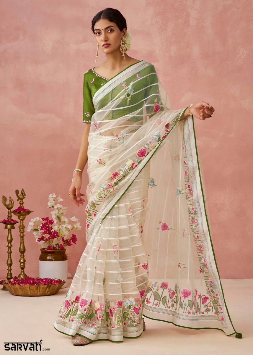 White & Green Brasso Organza Saree with Designer Embroidered Blouse - House of Sarvati LLC