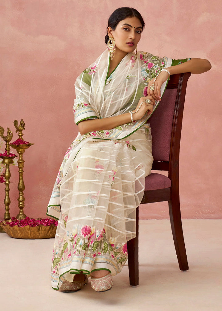 White & Green Brasso Organza Saree with Designer Embroidered Blouse - House of Sarvati LLC