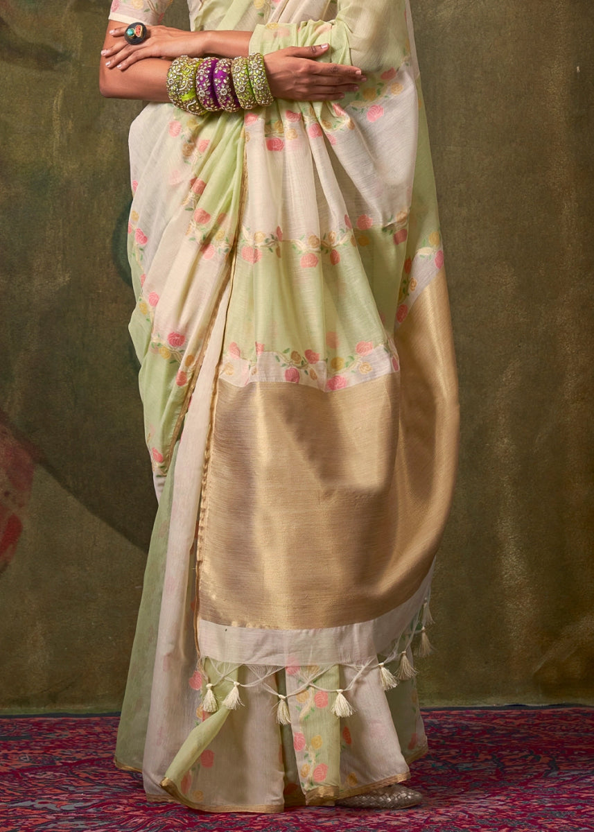 White & Green Rangkaat Handloom Woven Cotton Silk Saree - House of Sarvati LLC