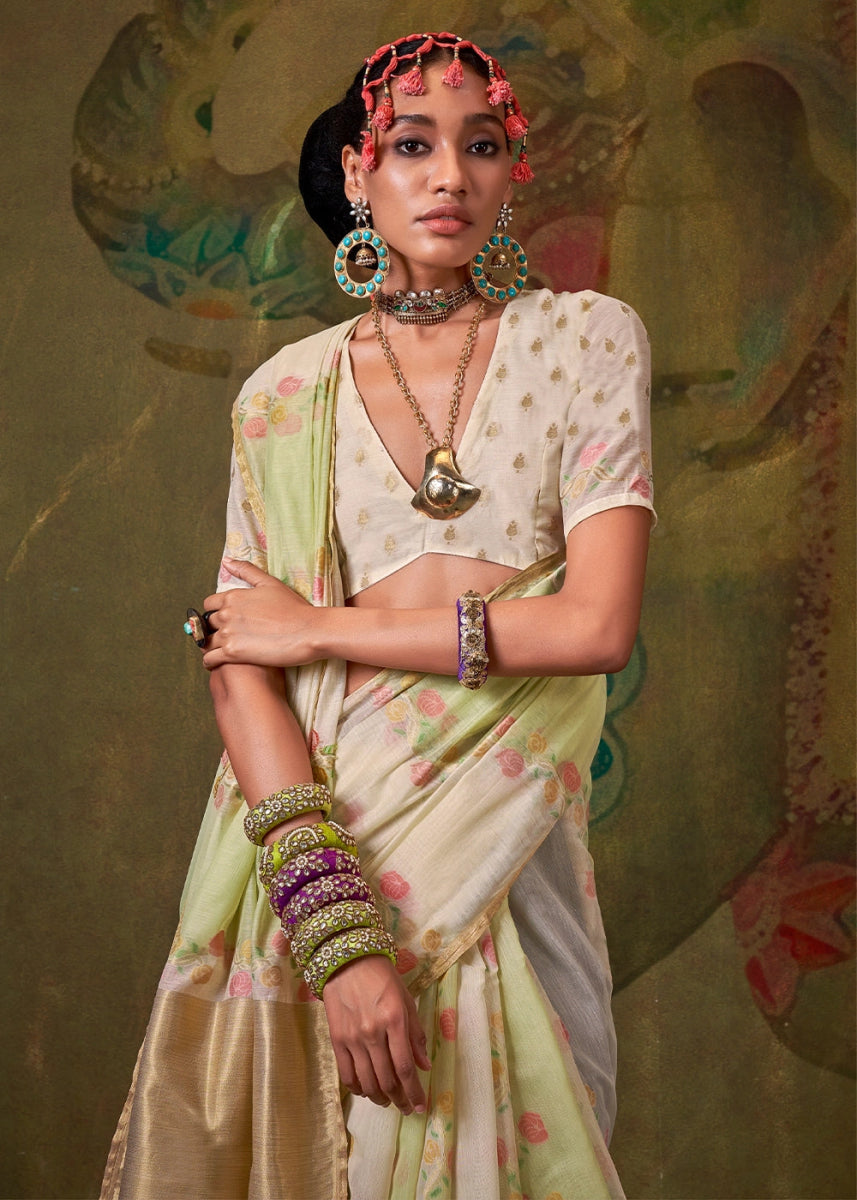 White & Green Rangkaat Handloom Woven Cotton Silk Saree - House of Sarvati LLC