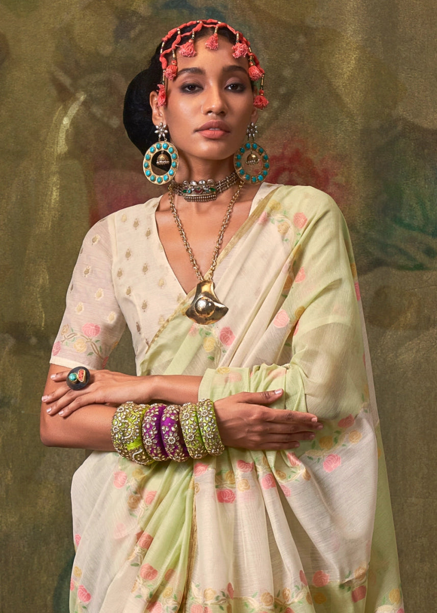 White & Green Rangkaat Handloom Woven Cotton Silk Saree - House of Sarvati LLC