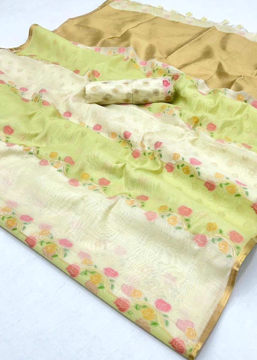 White & Green Rangkaat Handloom Woven Cotton Silk Saree - House of Sarvati LLC