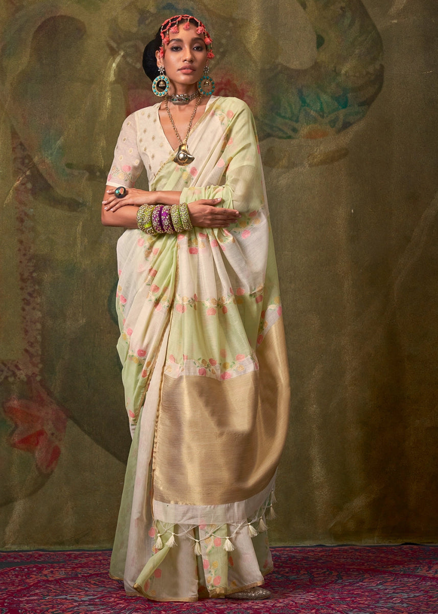 White & Green Rangkaat Handloom Woven Cotton Silk Saree - House of Sarvati LLC
