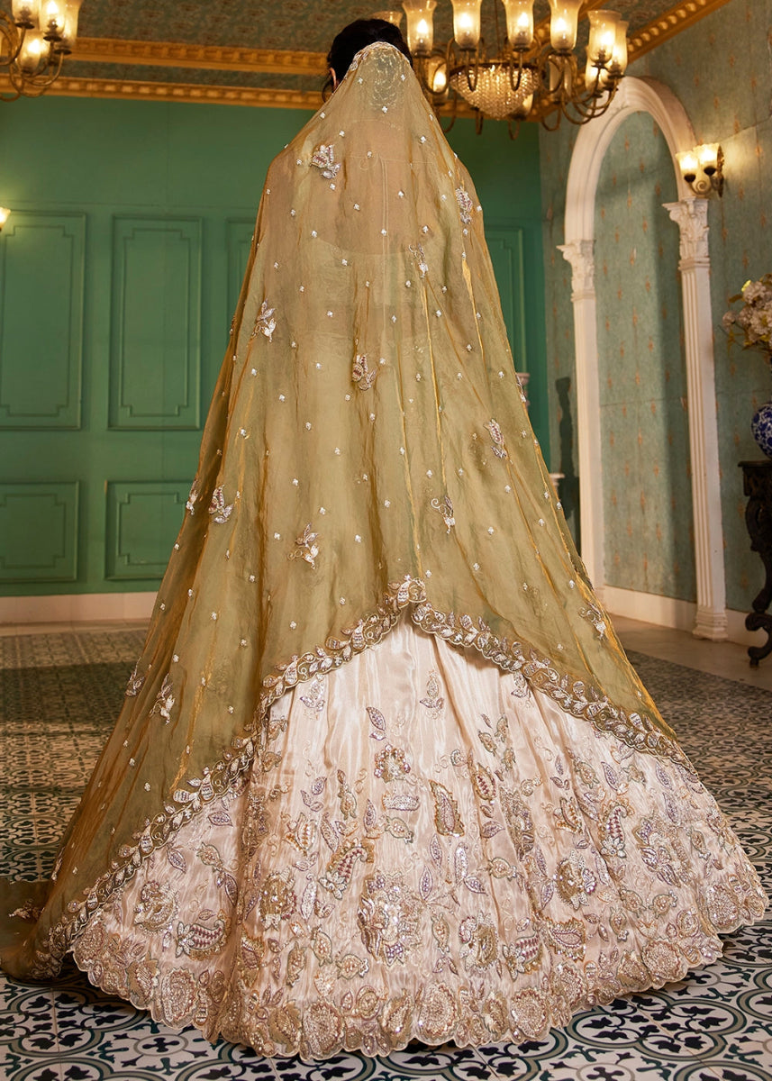 White & Green Tissue Lehenga Choli with Floral Sequin Detailing - House of Sarvati LLC