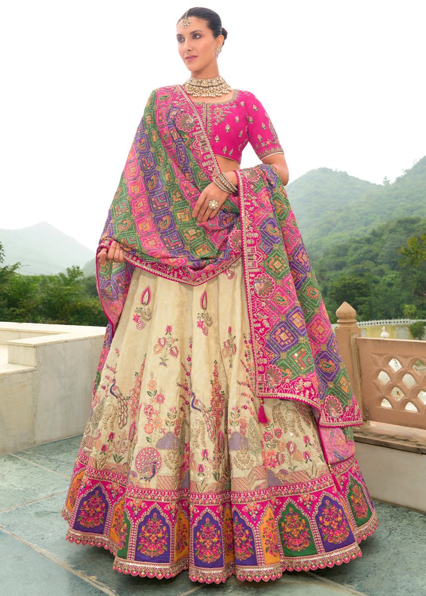 White & Pink Banarasi Silk Lehenga with Heavy Khatli & Embroidery Work - House of Sarvati LLC