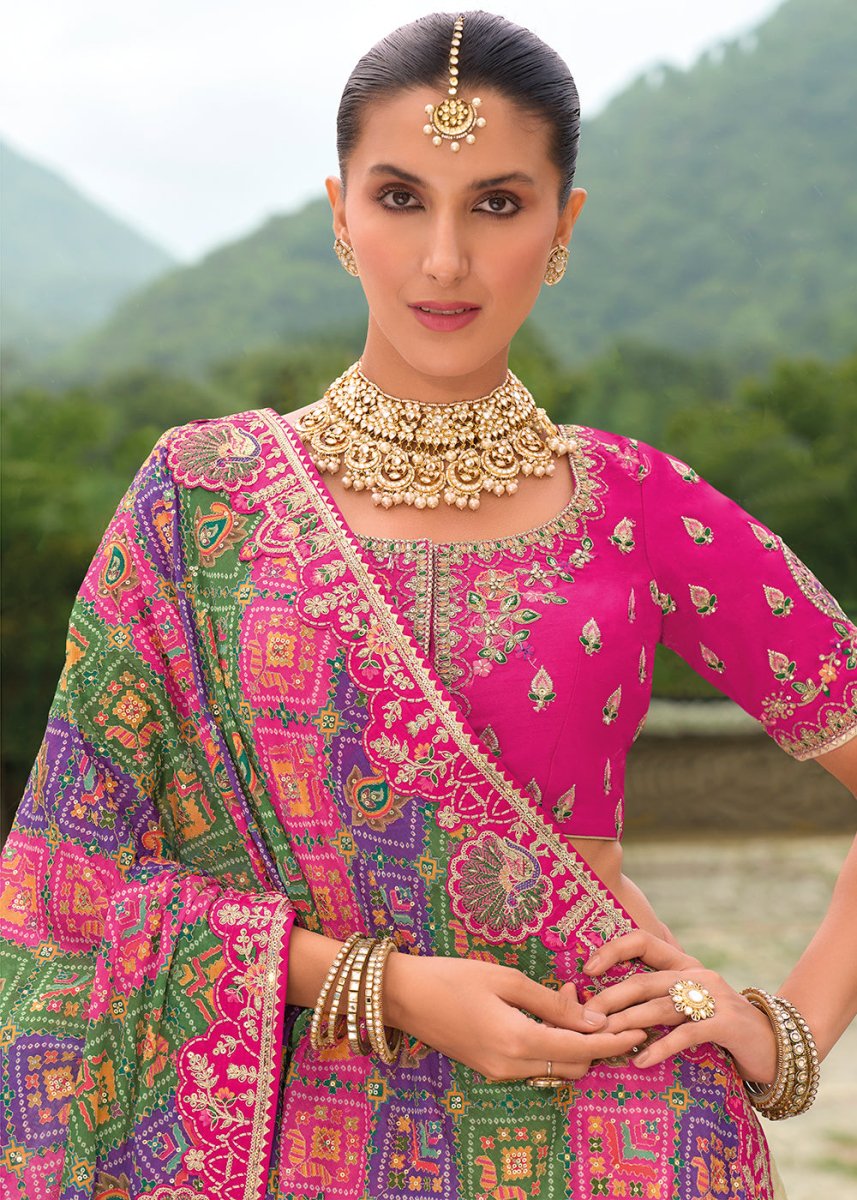 White & Pink Banarasi Silk Lehenga with Heavy Khatli & Embroidery Work - House of Sarvati LLC