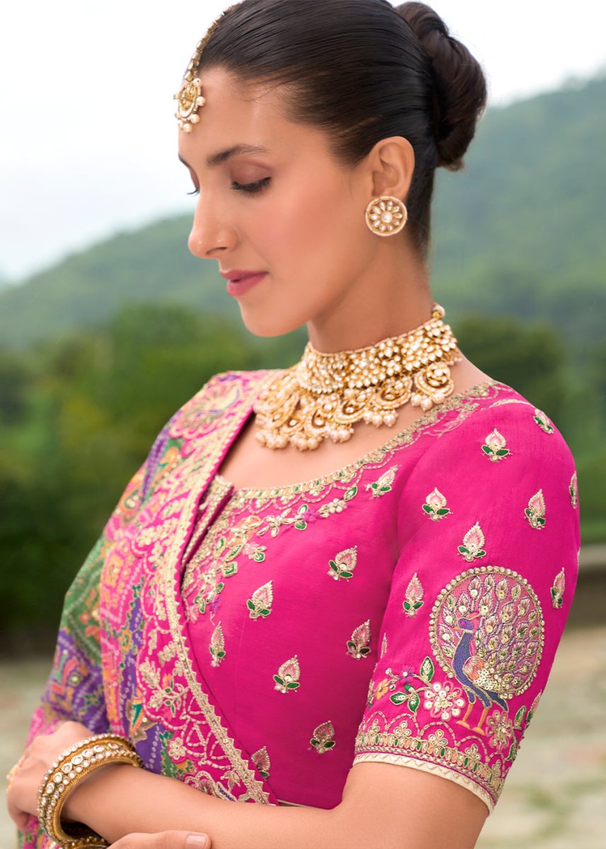White & Pink Banarasi Silk Lehenga with Heavy Khatli & Embroidery Work - House of Sarvati LLC