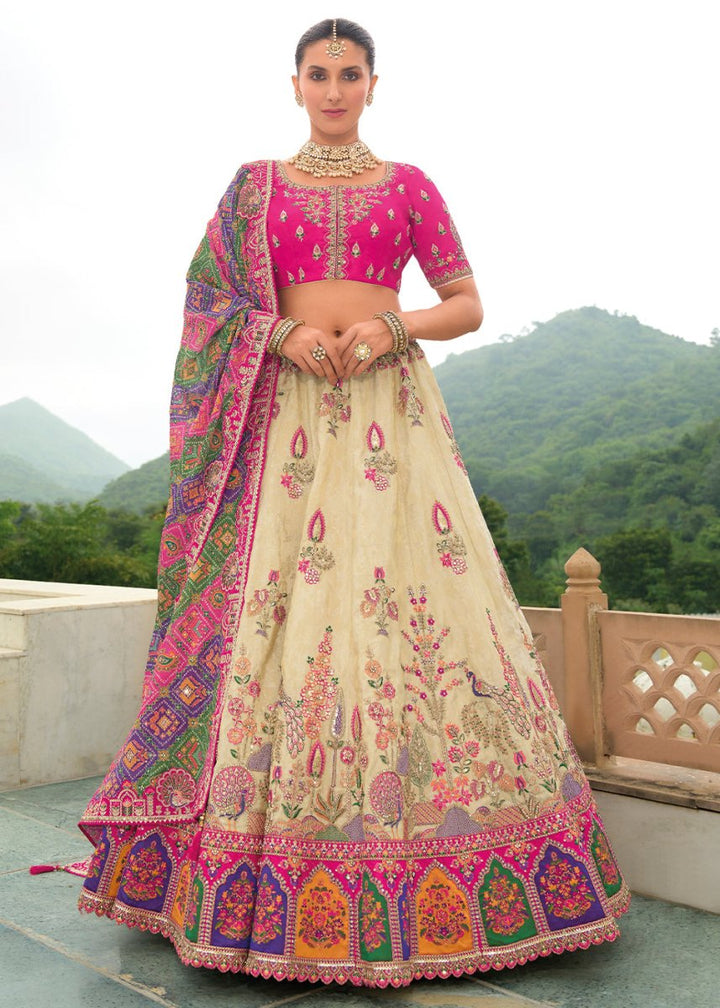 White & Pink Banarasi Silk Lehenga with Heavy Khatli & Embroidery Work - House of Sarvati LLC