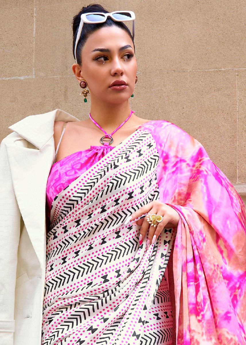 White & Pink Lightweight Printed Saree in Satin Crepe - House of Sarvati LLC