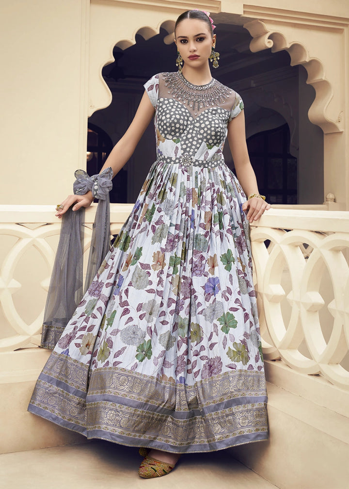 White & Purple Floral Silk Anarkali Gown with Detailed Embroidery Work - House of Sarvati LLC