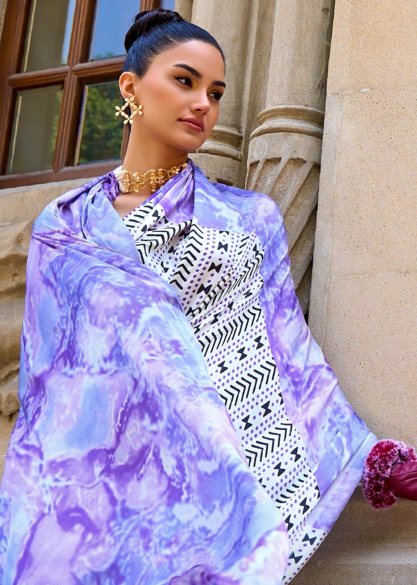 White & Purple Lightweight Printed Saree in Satin Crepe - House of Sarvati LLC