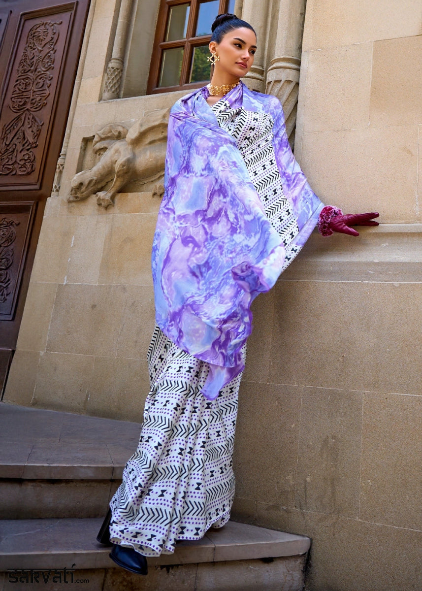 White & Purple Lightweight Printed Saree in Satin Crepe - House of Sarvati LLC