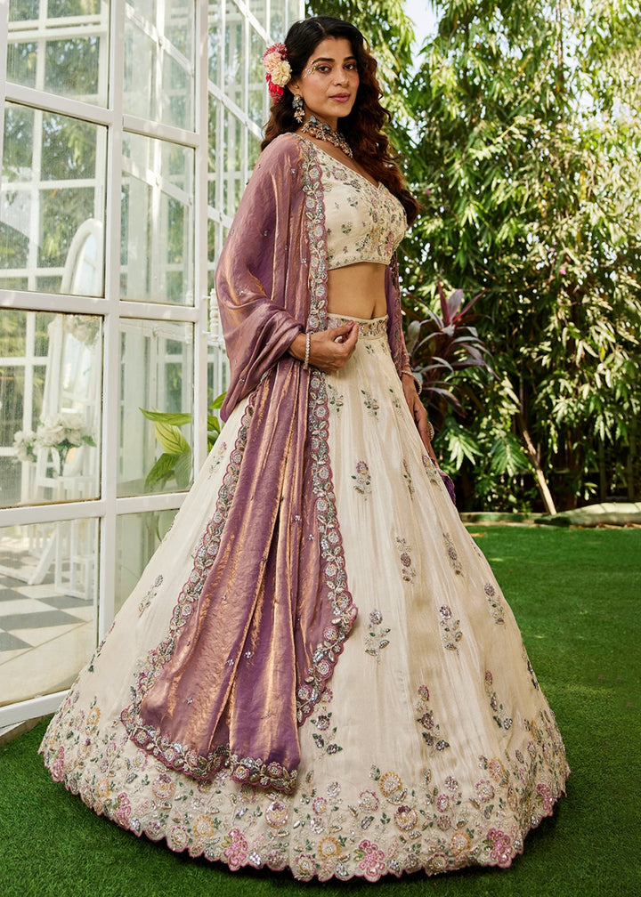 White & Purple Tissue Lehenga Choli with Floral Sequin Detailing - House of Sarvati LLC