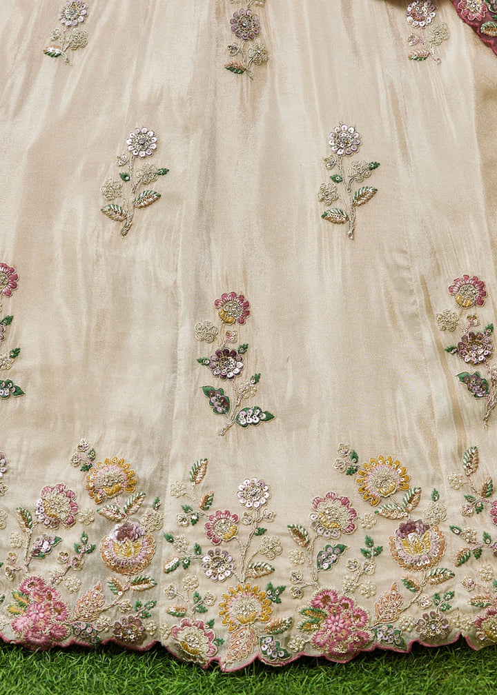 White & Purple Tissue Lehenga Choli with Floral Sequin Detailing - House of Sarvati LLC