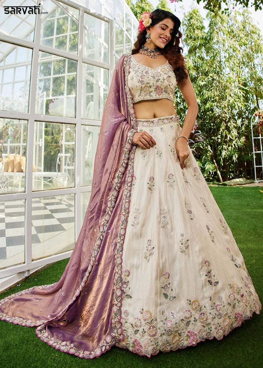 White & Purple Tissue Lehenga Choli with Floral Sequin Detailing - House of Sarvati LLC